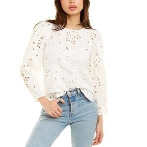 Rebecca Taylor Sarah Embroidered Blouse 100% Linen White Womens Size L Cottage